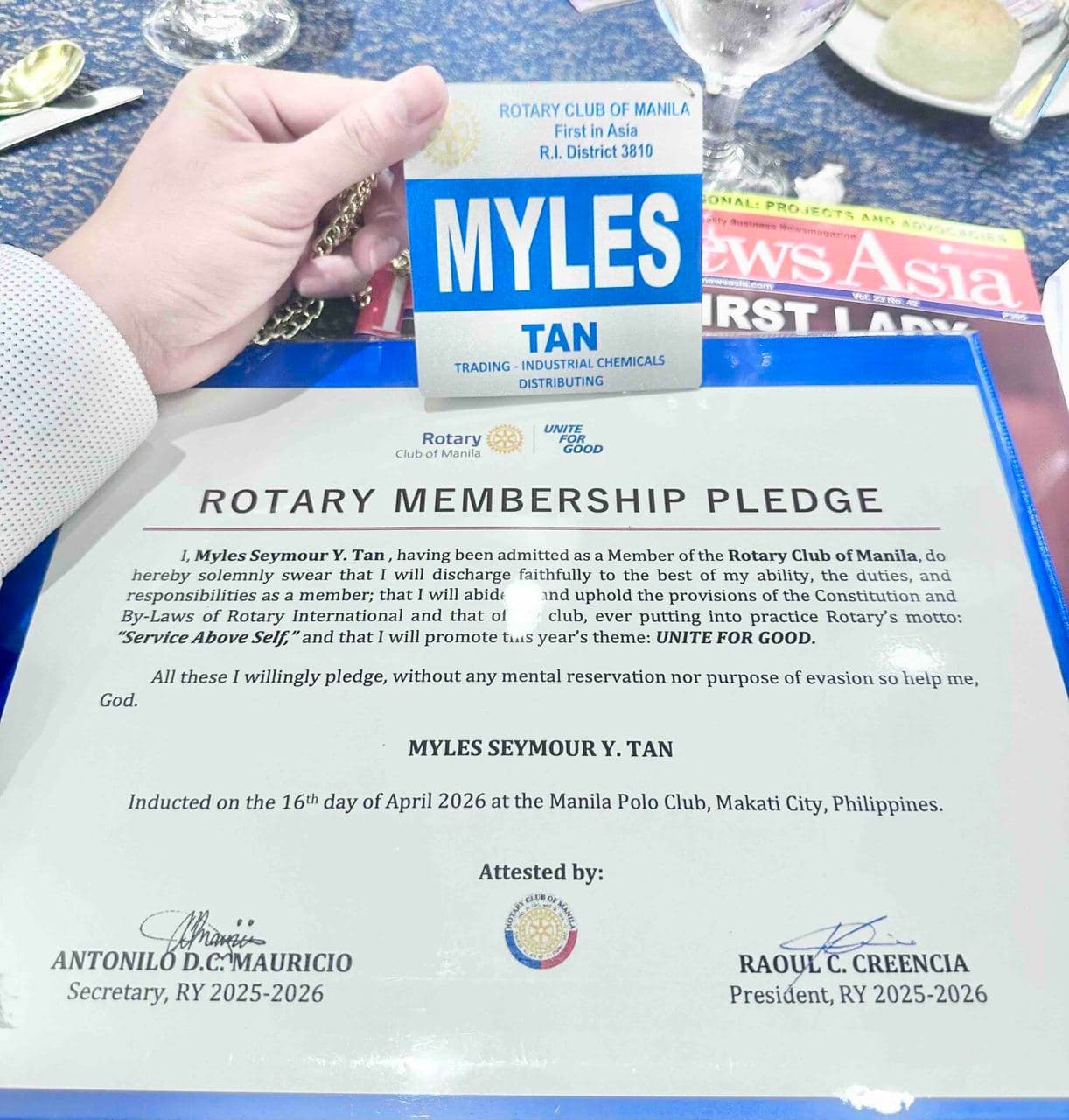 Inducted into Rotary Club of Manila